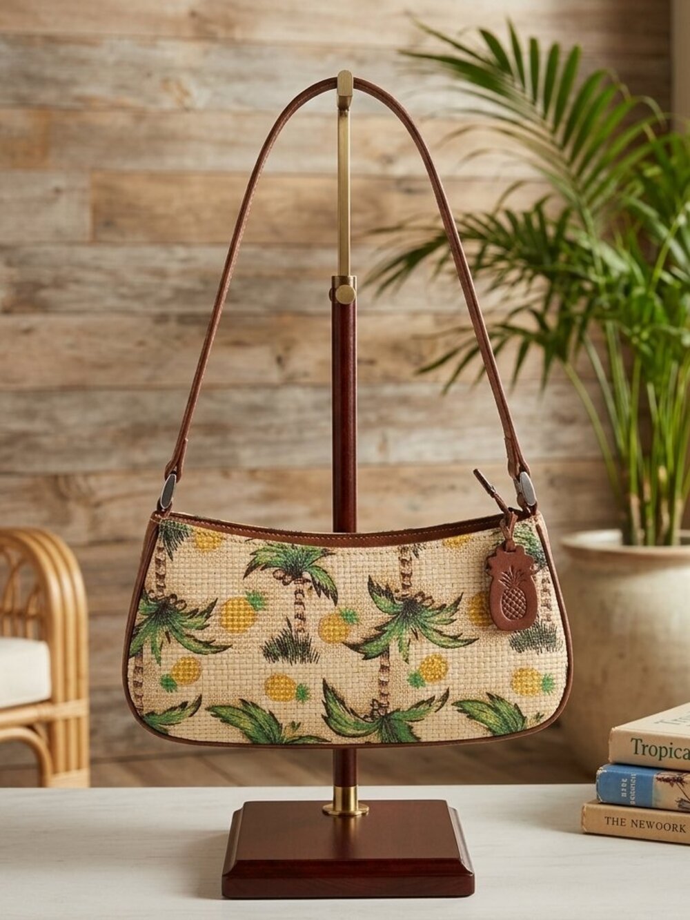 Vtg 90s Y2K Liz Claiborne Woven Pineapple Print Leather Trim Shoulder Bag Purse